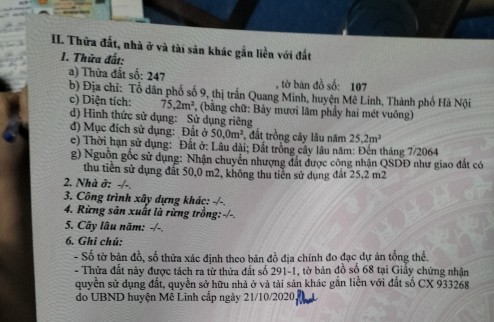 Bán đất tổ 10 thị trấn Quang Minh, Mê Linh. Dt 75m2. Gia tốt