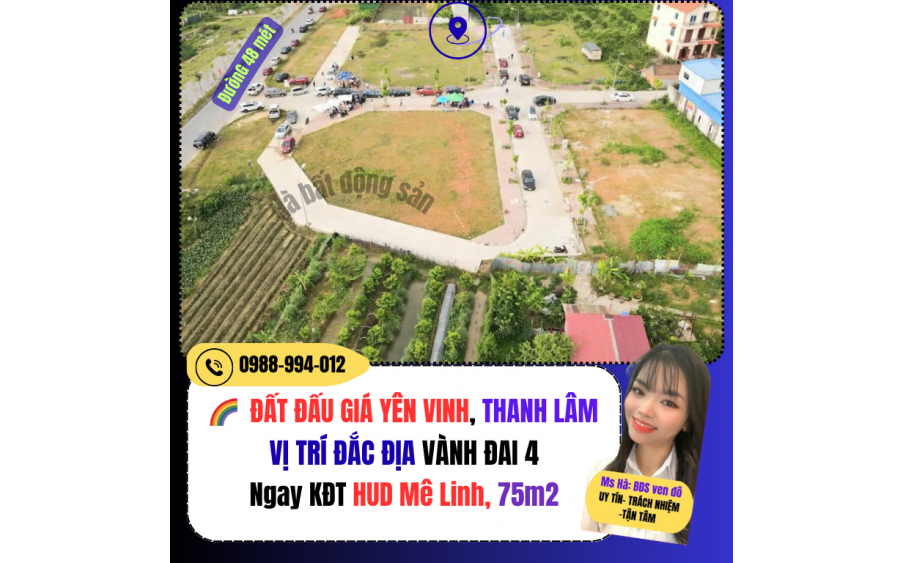 Bán đất đấu giá Yên Vinh, Mê Linh, đối diện đô thị HUD Mê Linh, vị trí đắc địa ngay Vành Đai 4 120m